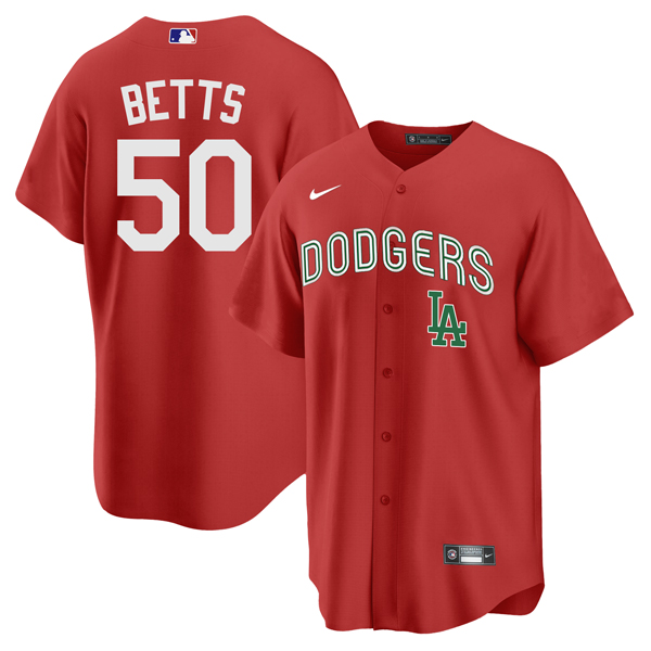 Men's Los Angeles Dodgers #50 Mookie Betts 2021 Mexican Heritage Red Stitched Baseball Jersey Men's Los Angeles Dodgers #50 Mookie Betts 2021 Mexican Heritage Red Stitched Baseball Jersey